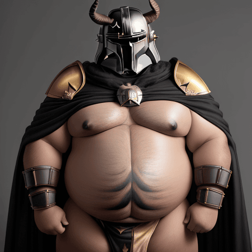AI generated: human male, obese, dark skin, Mandalorian Stormbringer helmet in black and gold, shirtless, white-fu...