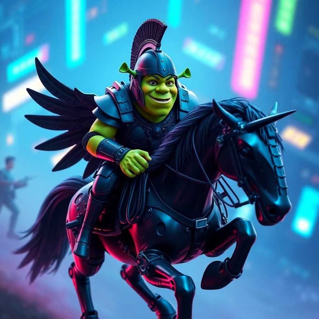 AI generated: Dynamic, cool-colored 3D render of a robotic Shrek in black gladiator armor and helmet, riding a cyb...