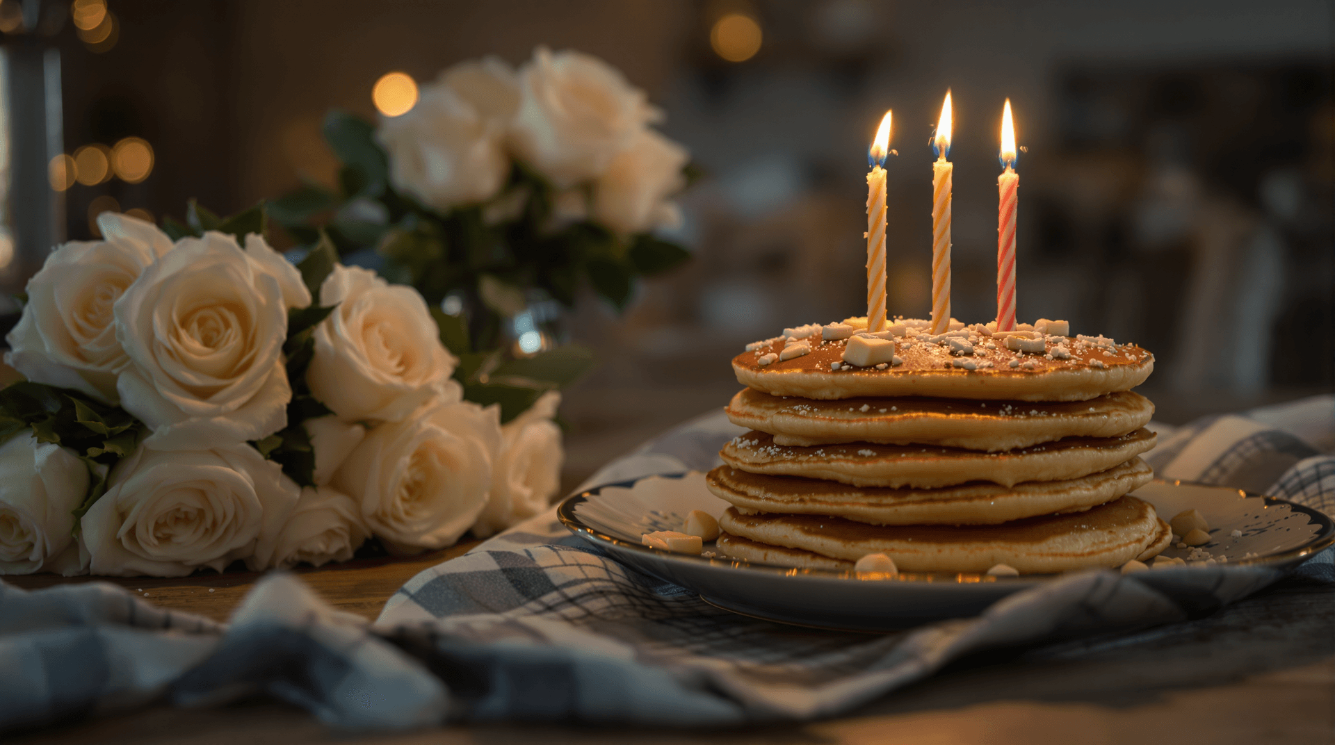 AI generated: Cozy interior, stack of pancakes with lit candles, white roses bouquet, soft bokeh background, warm ...