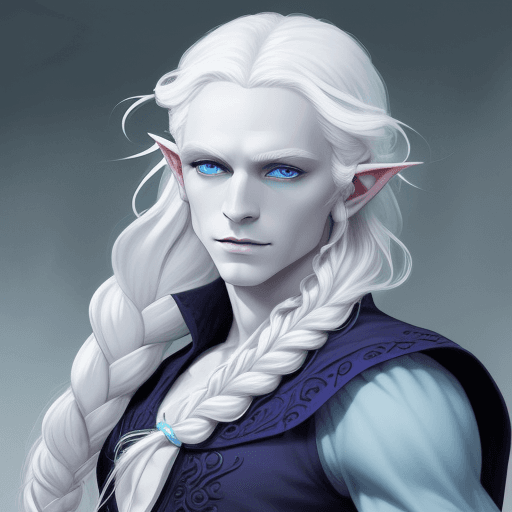 AI generated: DnD Changeling, good looking, fey like appearence, pale figure, bright blue eyes, long white hair in...