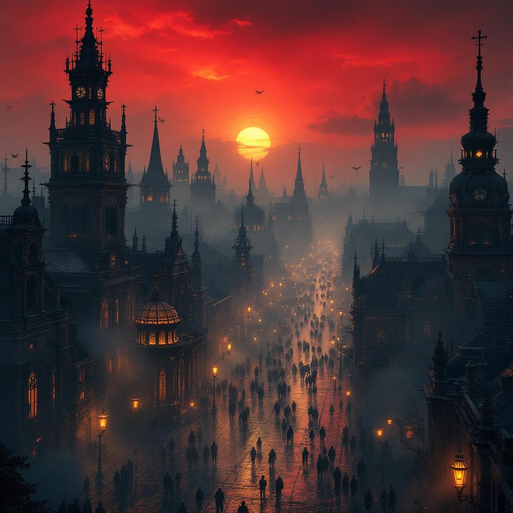 AI generated: Cinematic view of Saint Helion Prime, the capital of Artta — an 18th-century gothic megacity under a...