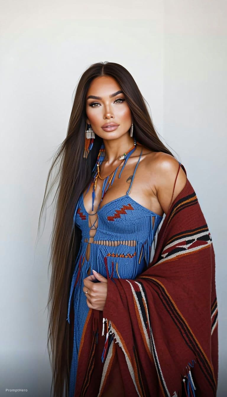 AI generated: photo of a beautiful american indian woman, long flowing hair, fair skin, wearing a revealing blue d...