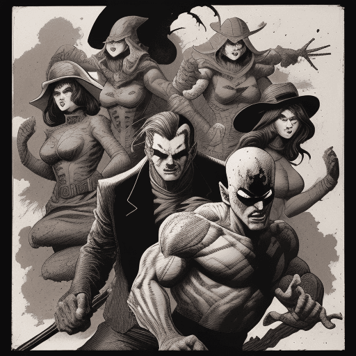AI generated: Seven Deadly forrce, Ink illustration with monochromatic sepia tones, comic book style, likely moder...