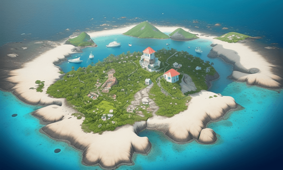 AI generated: straight down bird's eye view of a happy cartoon island with no water on the island and vegetation a...
