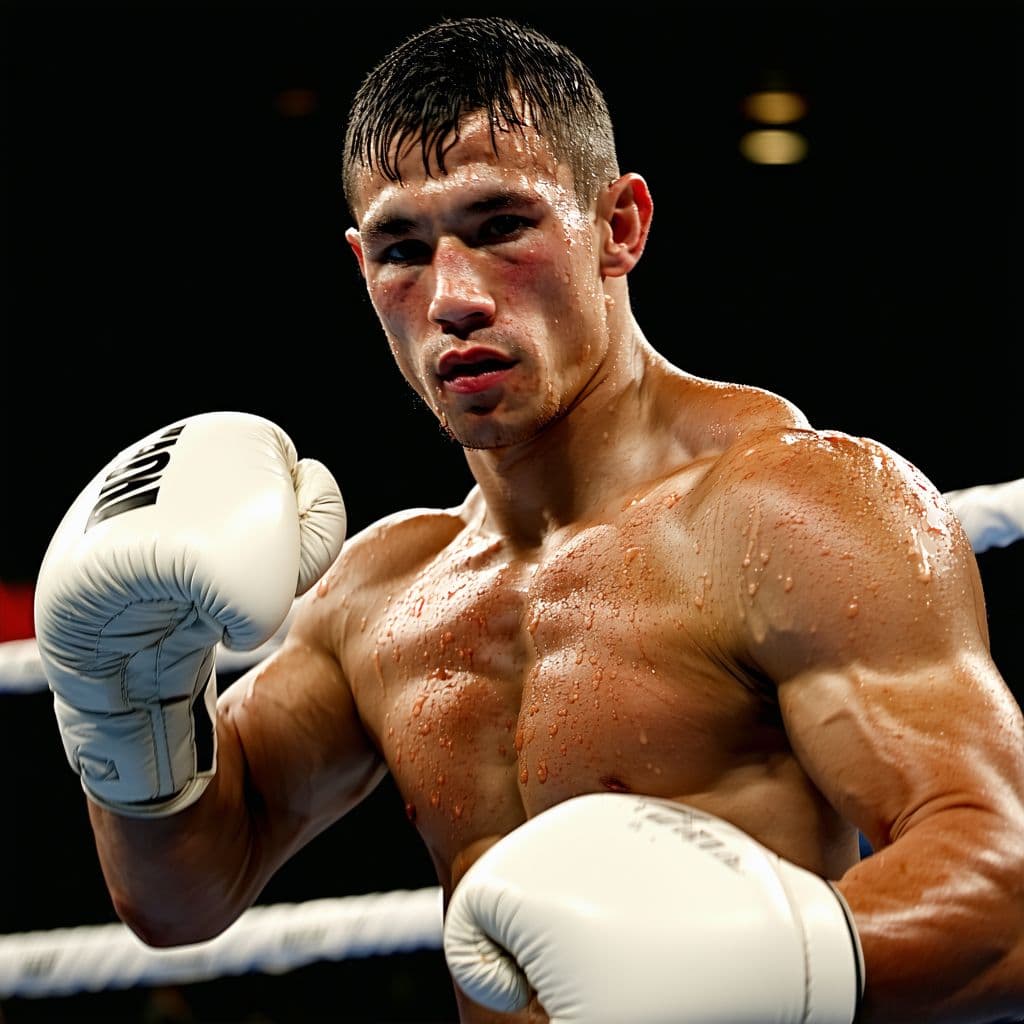 AI generated: n the photo, the muscular boxer looks at the camera and flexes his chiseled biceps in the ring, swea...
