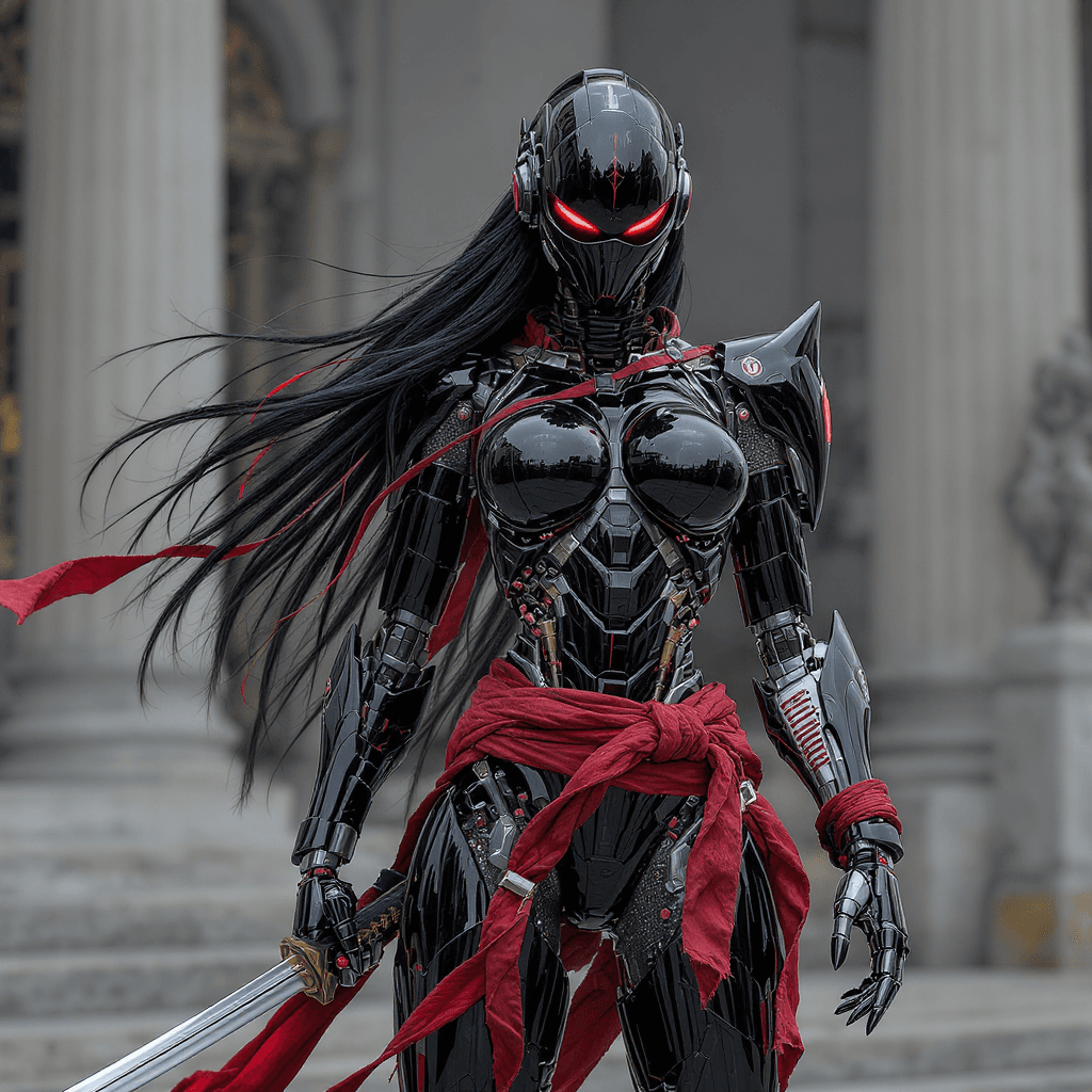 AI generated: Full body view a highly detailed and stylized depiction of a ((humanoid woman ninja warrior robot)) ...