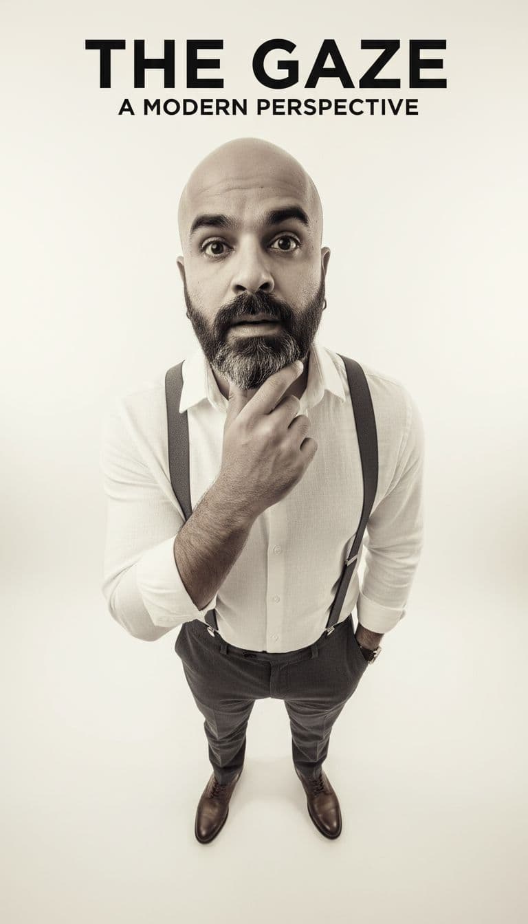 AI generated: “A stylized high-angle portrait of a man standing on a clean white studio background, captured with ...