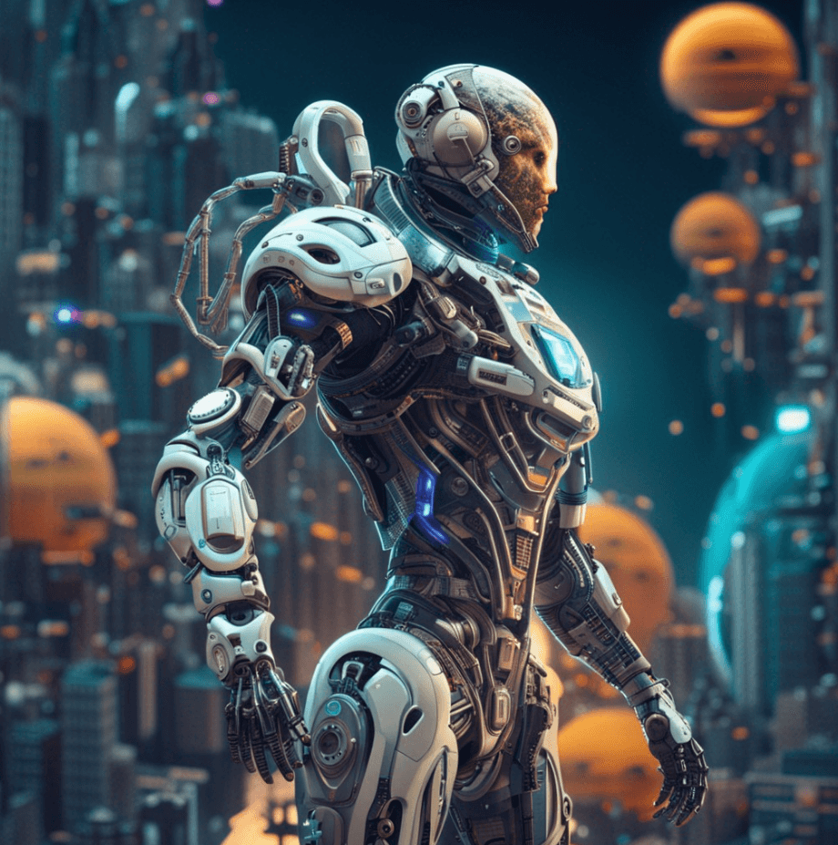 AI generated: cyborg in an exoskeleton, realistic photo, futuristics, detailed study of an alien suit, futuristic ...