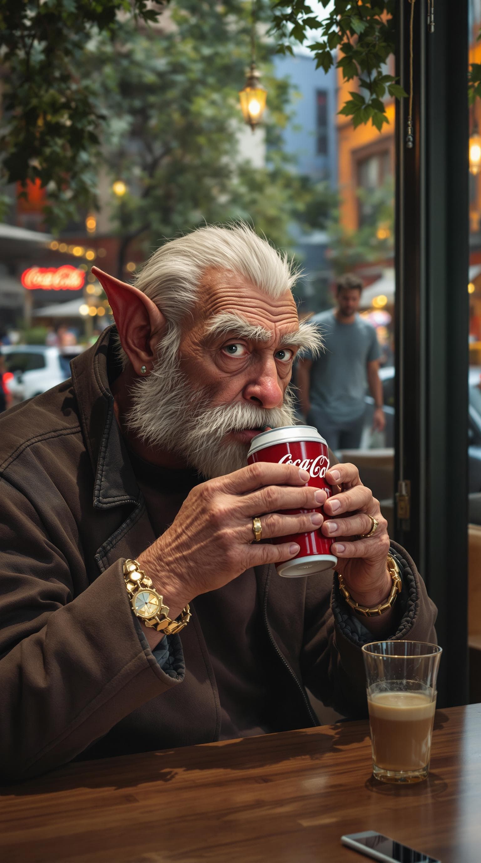 AI generated: Sherek drinking coca cola on a coffeeshop
