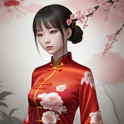 AI generated: chinese red blouse, in the style of dreamy and romantic compositions, floral explosions --ar 24:37 -...