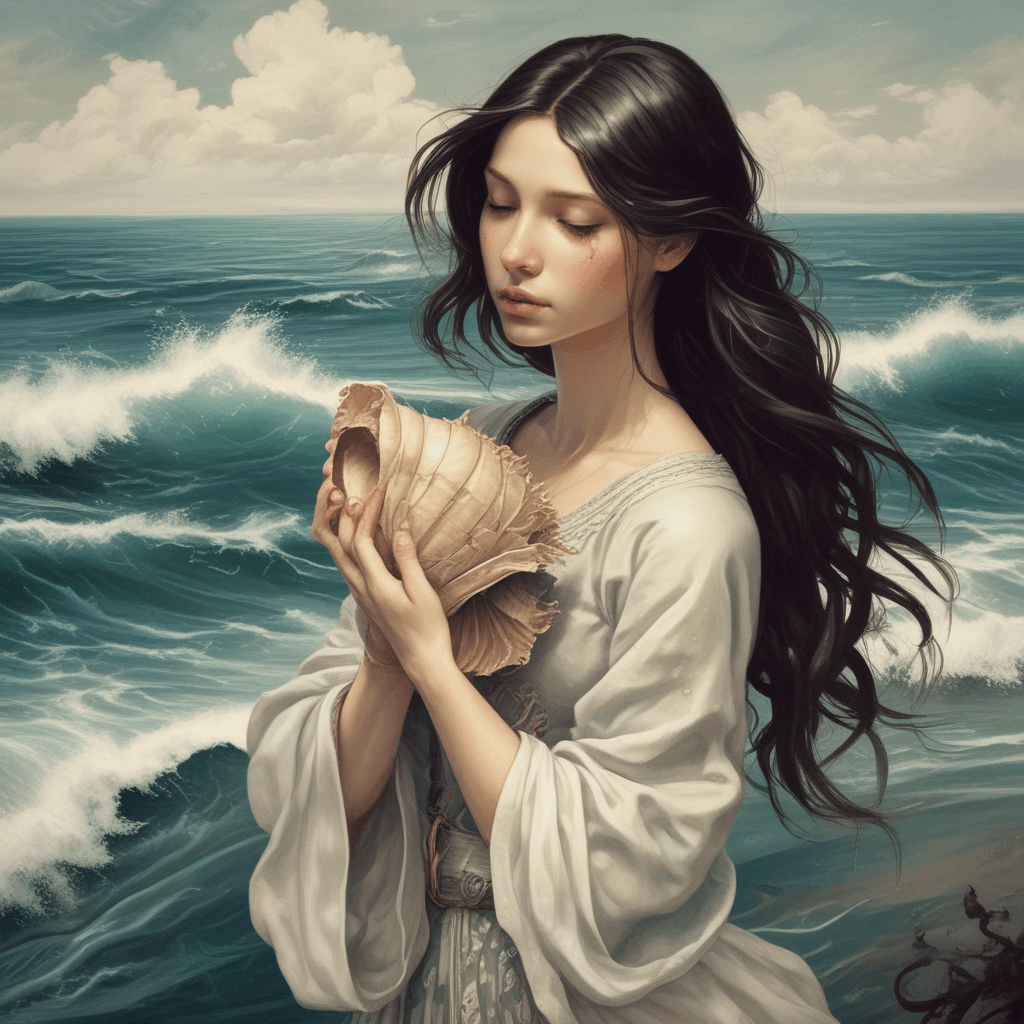 AI generated: hey brought me a shell. Inside he sings a sea map. My heart fills water with fish dark and silver fi...