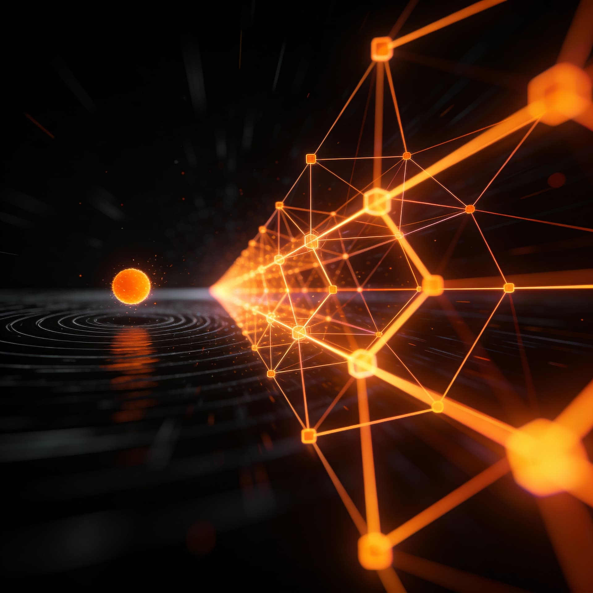 AI generated: Stylized representation. a single orange particle bouncing on a gravitational field and evolving int...