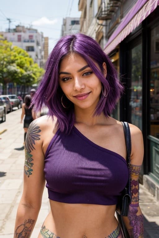AI generated: edgy urban mexican girl, ((shoulder length purple hair)), dark green eyes, smile, tasteful tattoos, ...