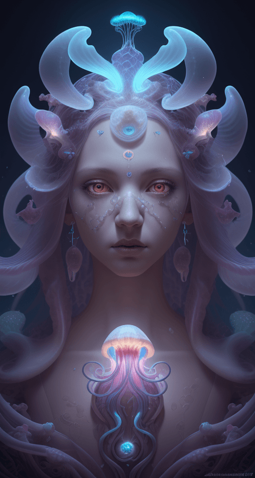 AI generated: Goddess close-up portrait ribcagel. jellyfish phoenix head, nautilus, orchid, skull, betta fish, bio...