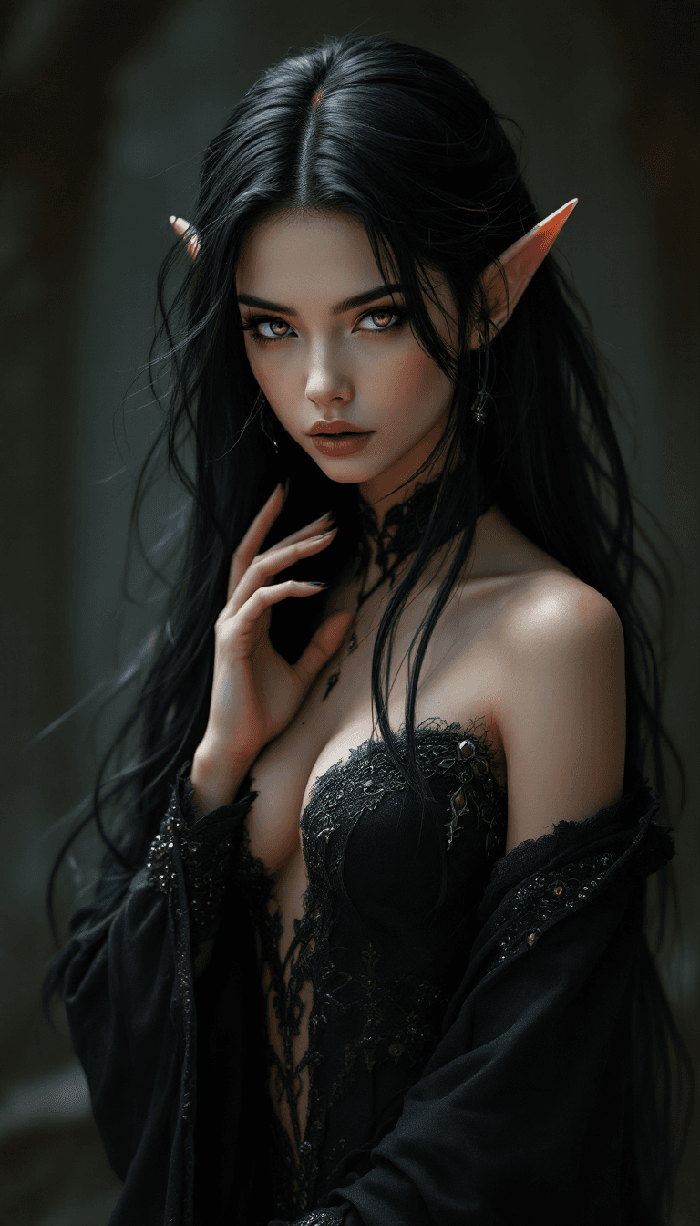 AI generated: Full body pose of elf female, Long black hair with red & silver highlights in her hair, intricate de...