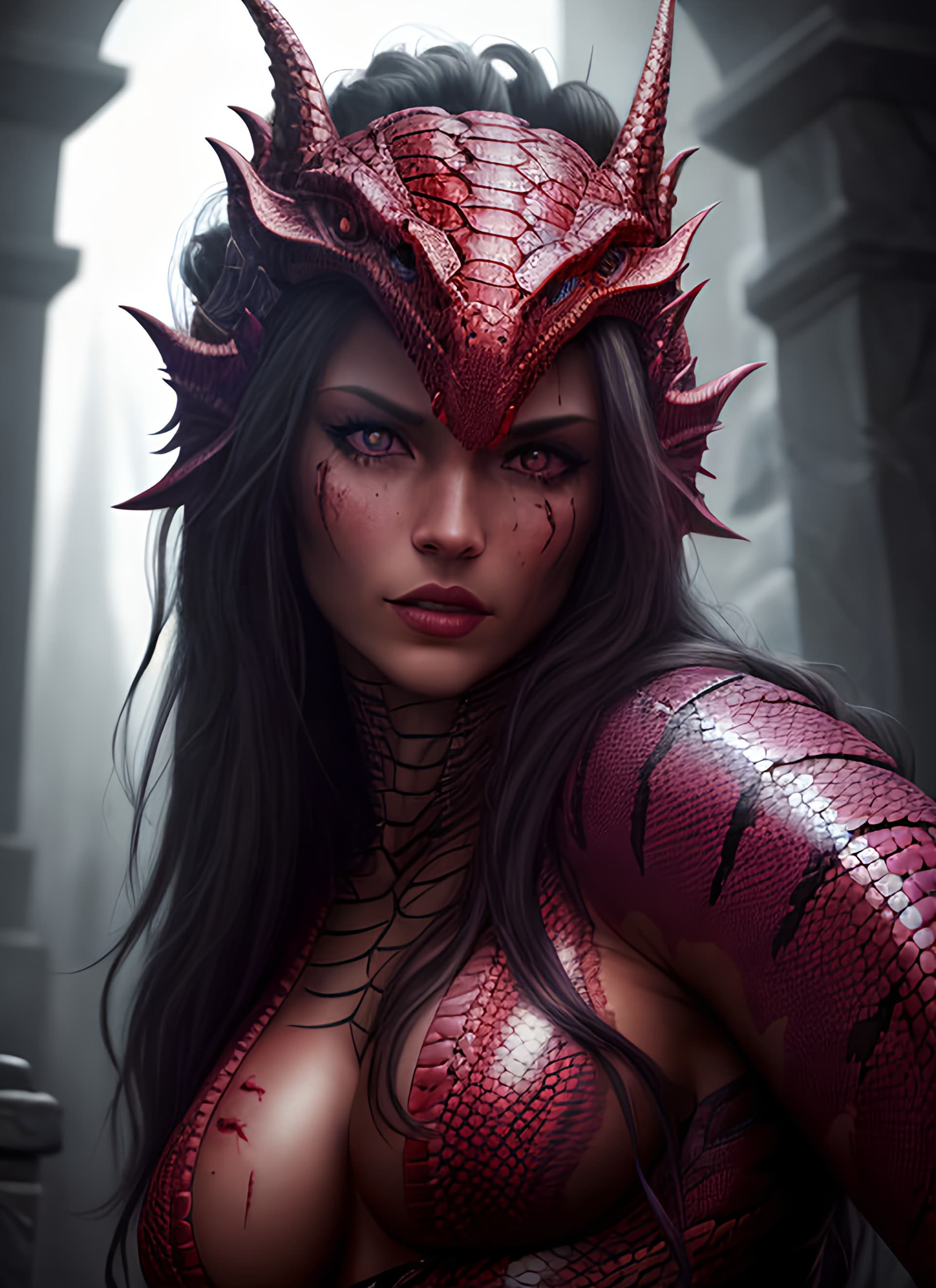 AI generated: Full portrait of an alien female draconian shapeshifter, red dragon scaly reptile skin, beautiful at...