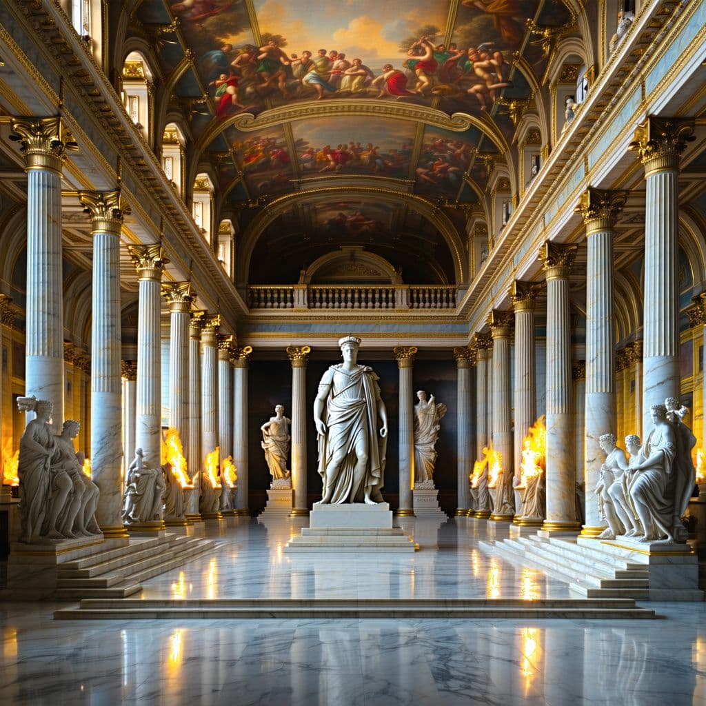 AI generated: A majestic hall in the style of the Roman Empire, featuring towering Corinthian marble columns, high...