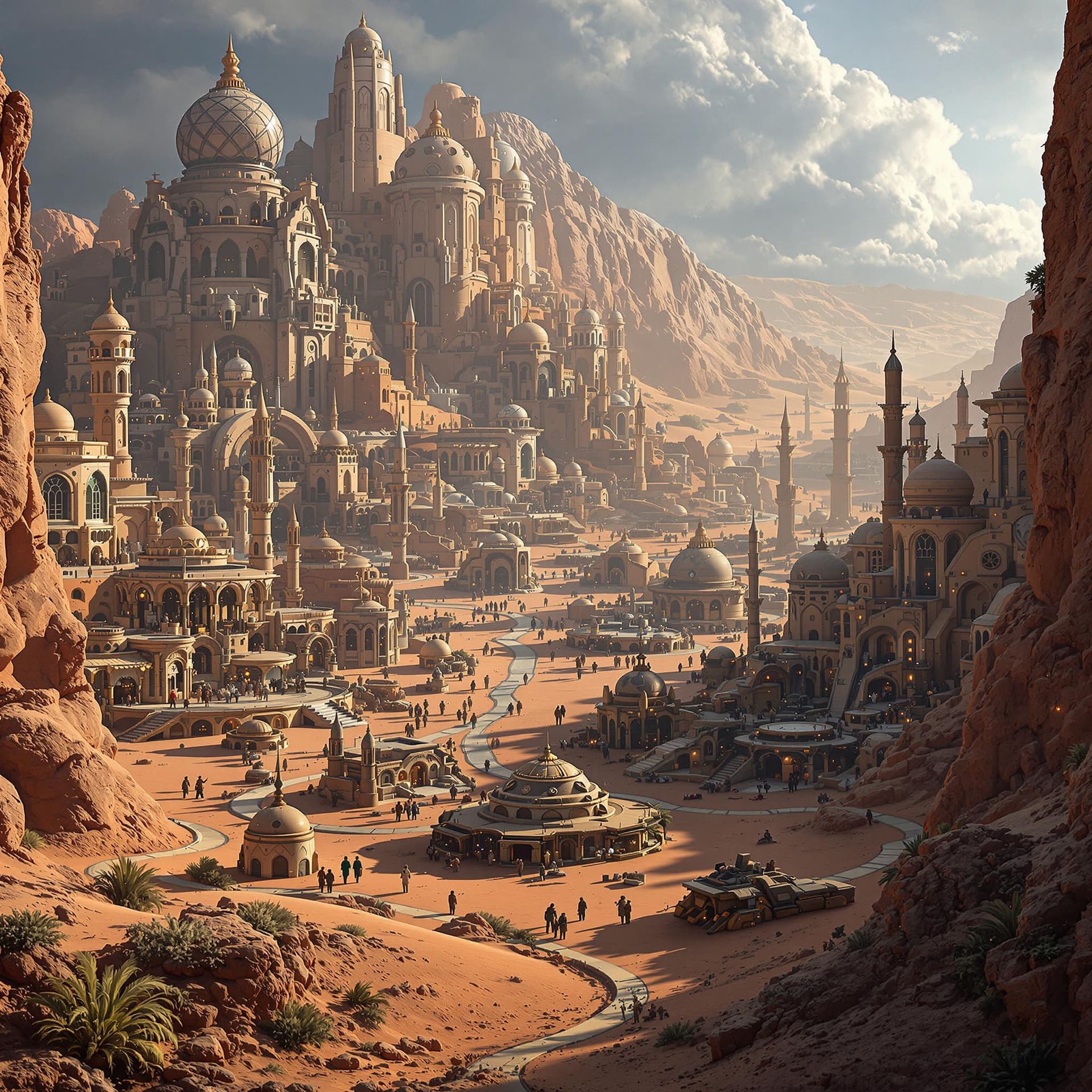 AI generated: futuristic village in a desert, style of Star Wars, lots of buildings, wide angle, octane render, 4k...