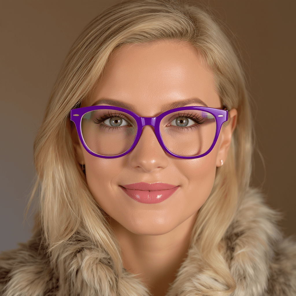 AI generated: (medium shot:1.3) photography, woman wearing purple eyeglasses, fur sweater, blond hair, short hair,...