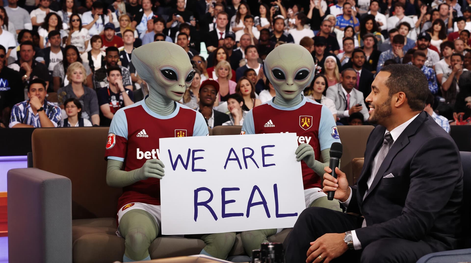 AI generated: 2 hyper realistic looking aliens wearing west ham United football kit sat on a sofa infront of a stu...