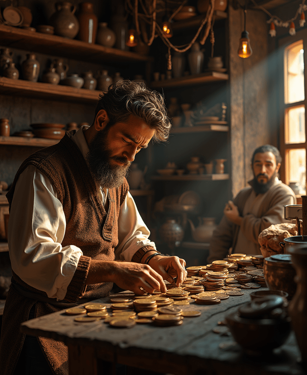 AI generated: A photorealistic,UHD scene of a medieval Italian merchant counting coins on a wooden table in his bu...