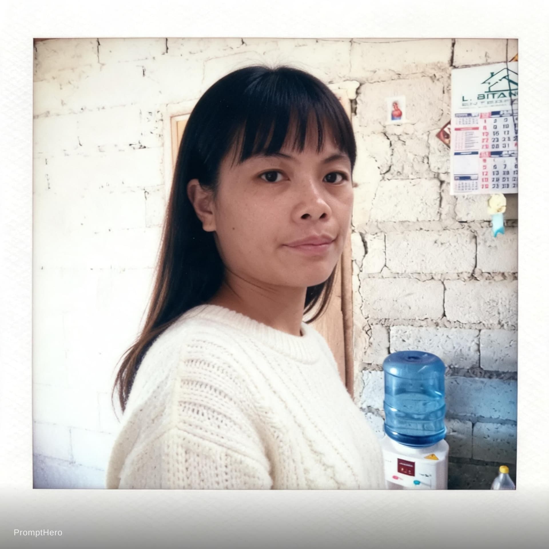 AI generated: Photograph of a woman with long hair, bangs, and a white sweater, medium-length hair, natural lighti...