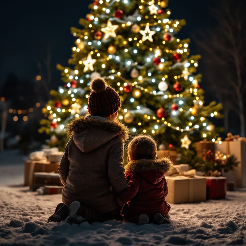 AI generated: Foto navideña de una familia con dos niños mellizos de 3 años  delante de un árbol de Navidad gigant...