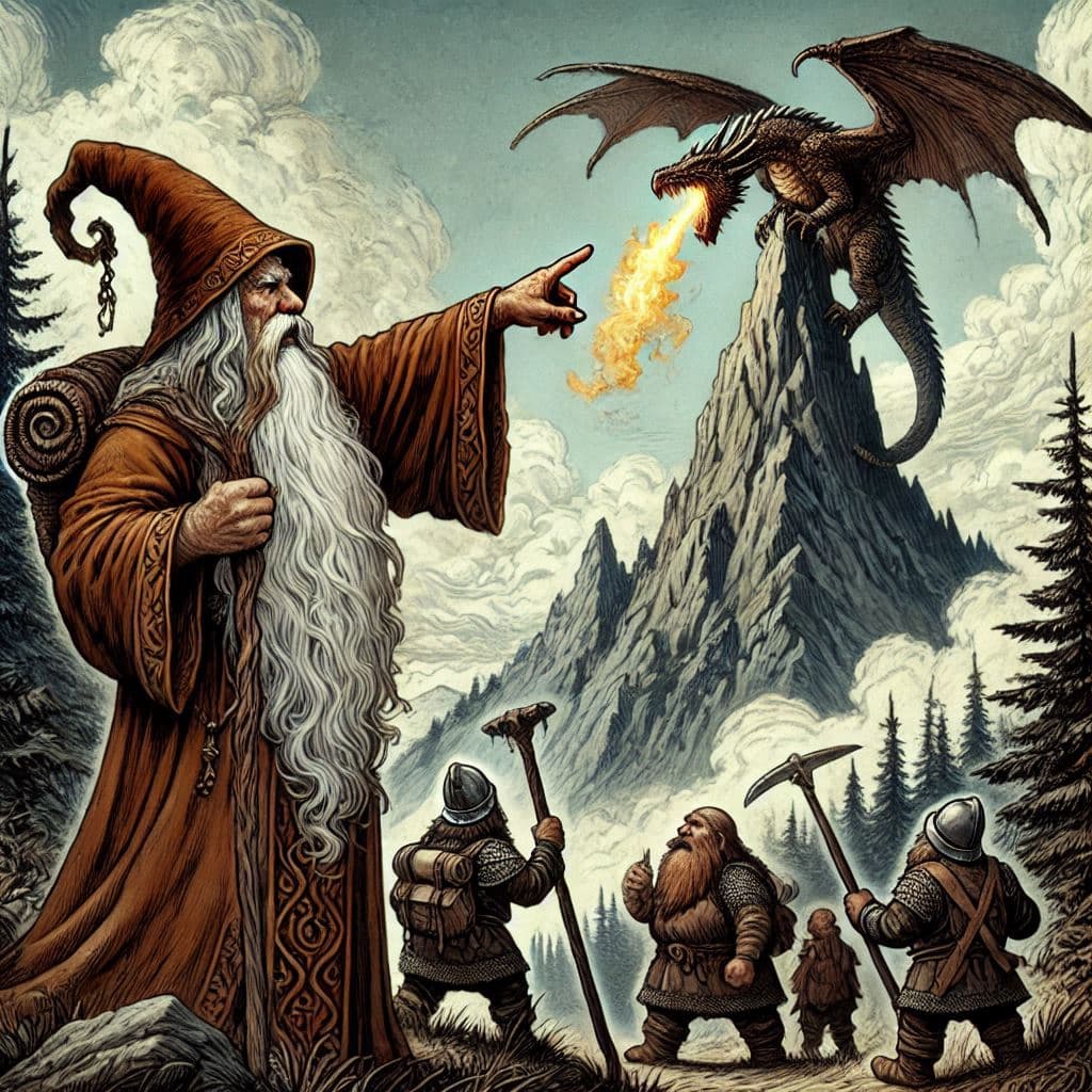 AI generated: A wizard with a long white beard, dressed in a long robe that reaches to his feet, with a rustic woo...