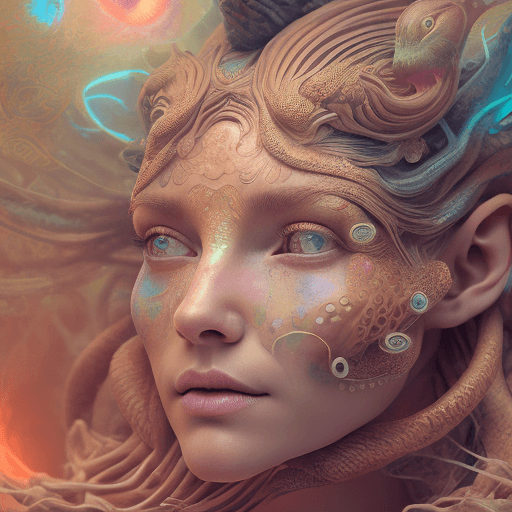 AI generated: Goddess close-up portrait ribcagel. jellyfish phoenix head, nautilus, orchid, skull, betta fish, bio...