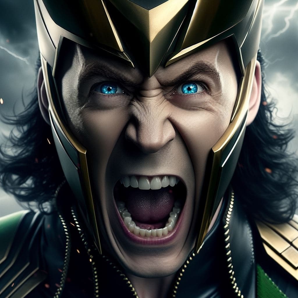 AI generated: close up of Loki of Marvel screaming, in a fit of rage, blue eyes, Masterpiece, gigantic scale, asci...