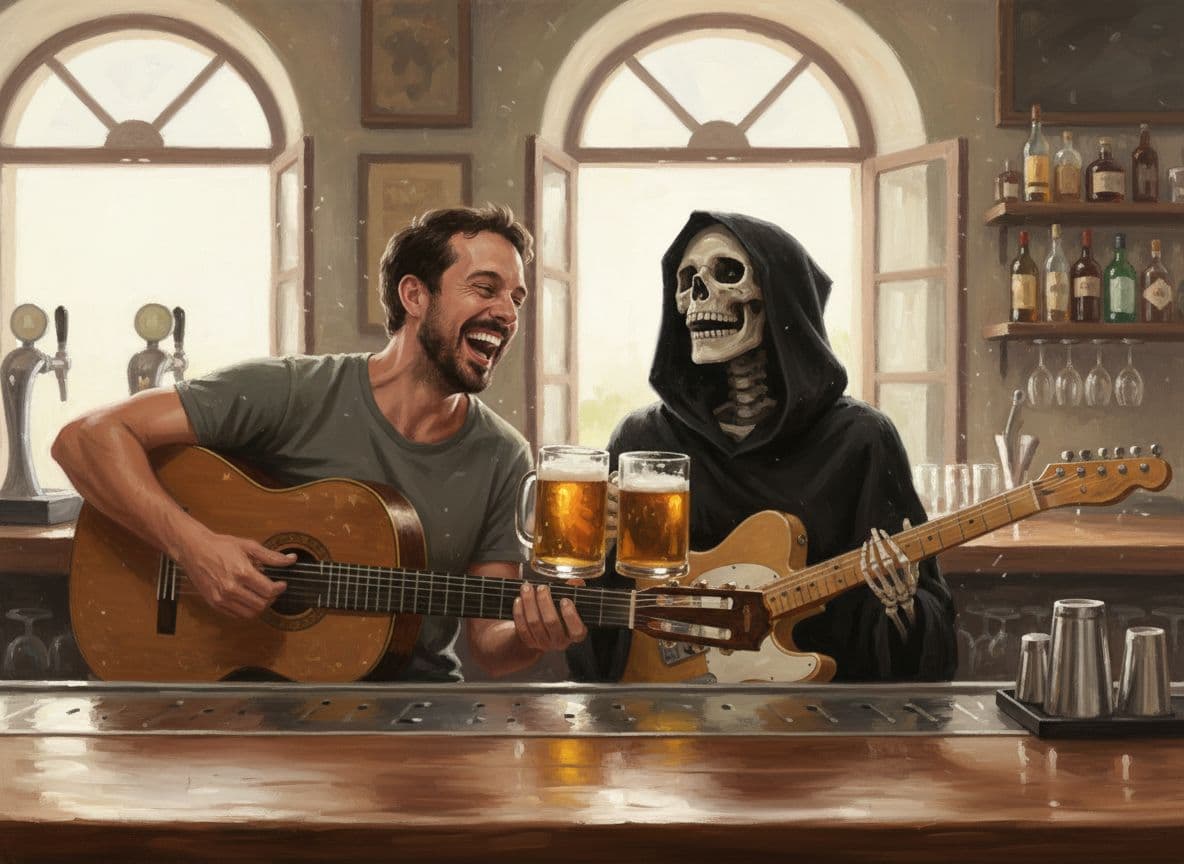 AI generated: Quiero que me pintes al tipo de la foto en la barra de un bar, pub, bebiendo con la muerte. Dben est...