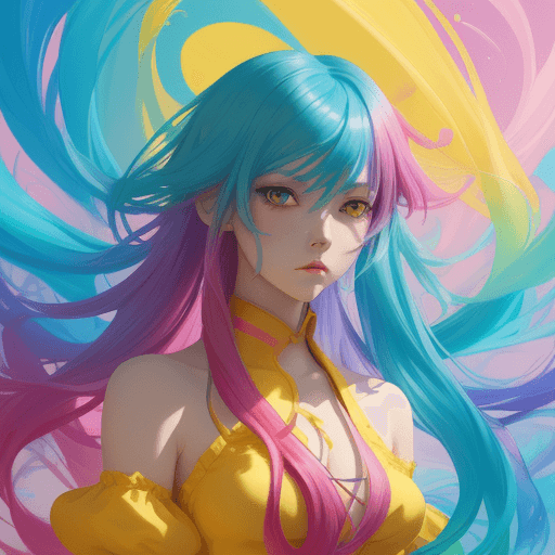AI generated:  a girl with colorful hair in a colorful painting, in the style of yanjun cheng, charming anime char...