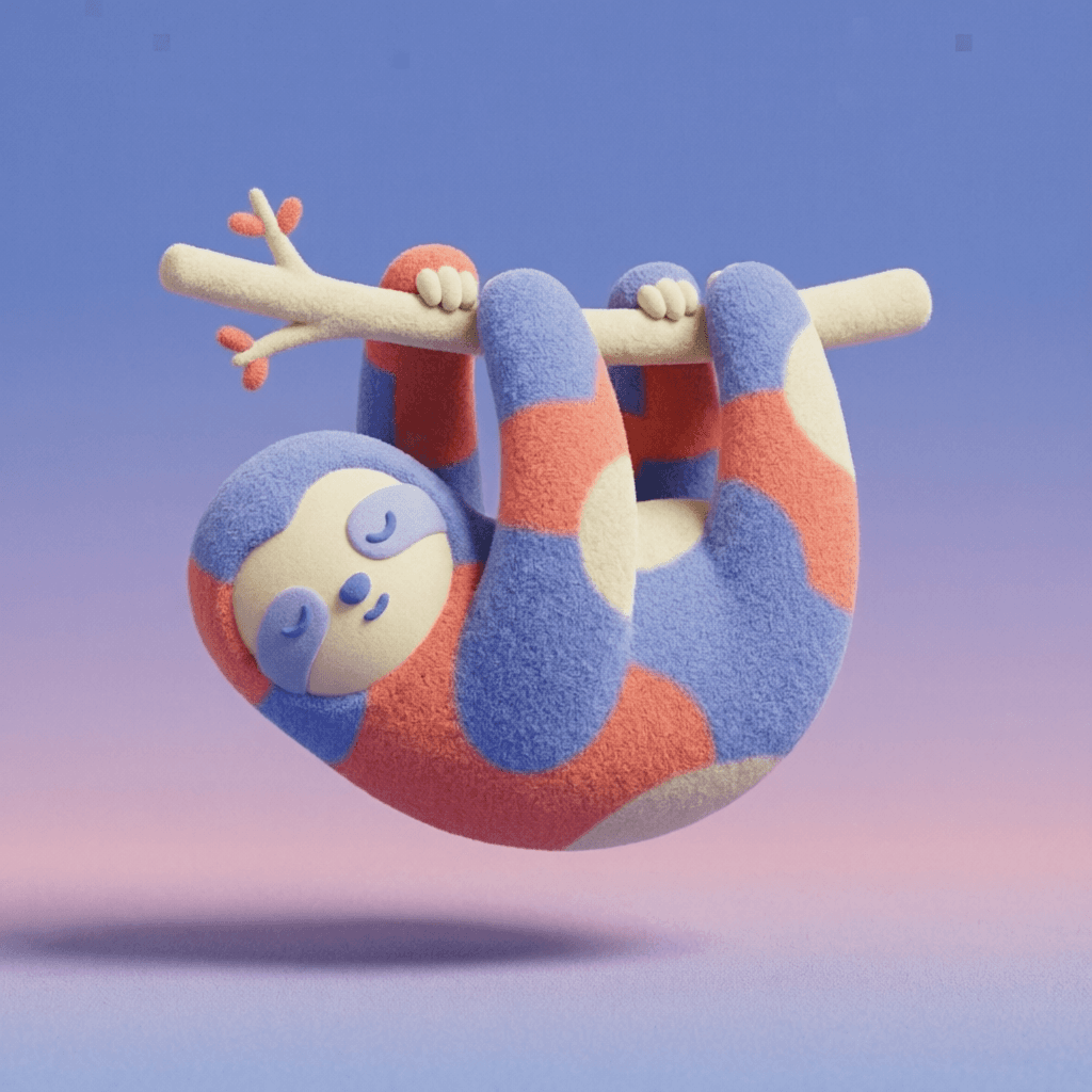 AI generated: A sloth, asleep, hanging from a branch with its front and back legs. Replicate
the exact tactile mic...