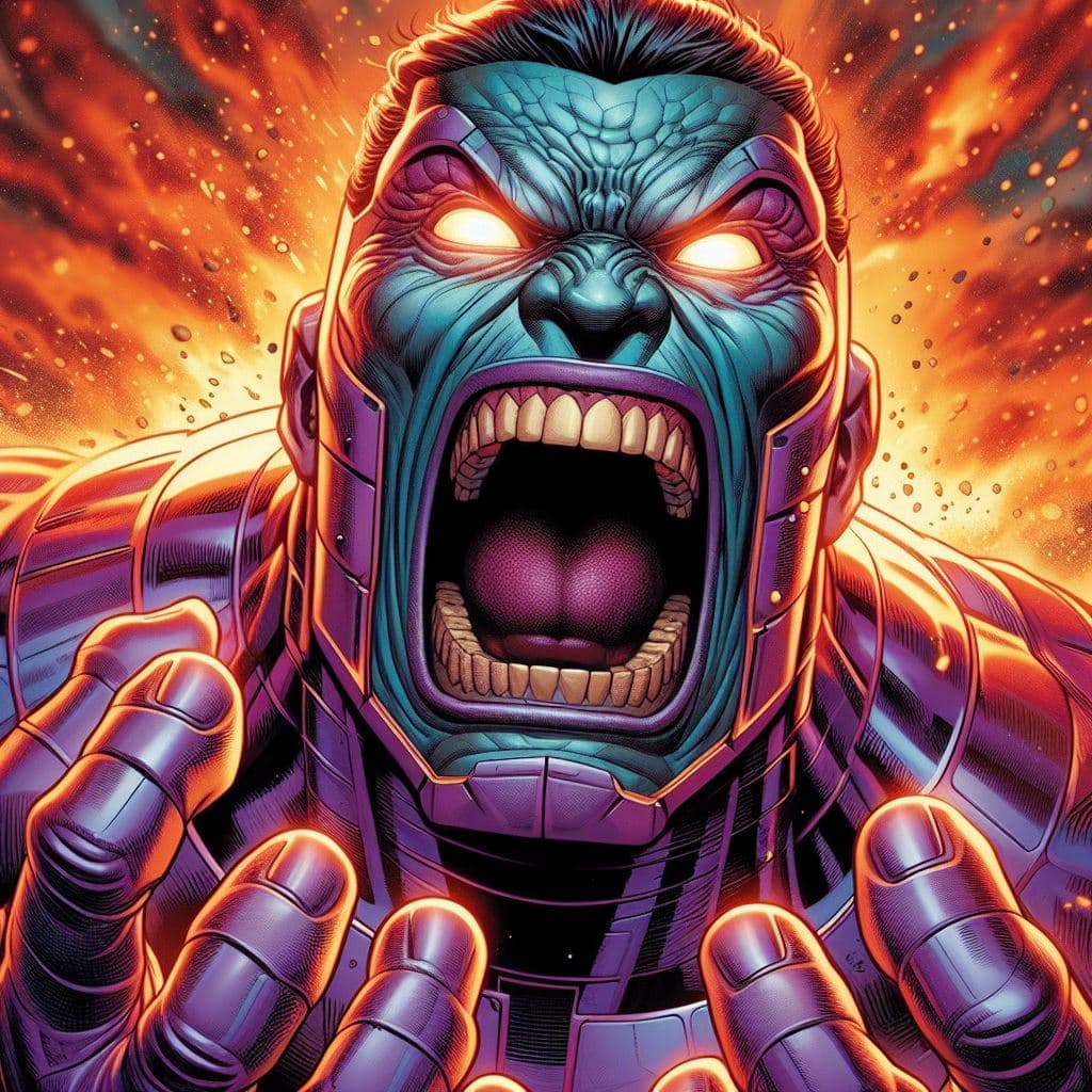 AI generated: close up of Kang the Conqueror of Marvel screaming, in a fit of rage, Masterpiece, gigantic scale, a...