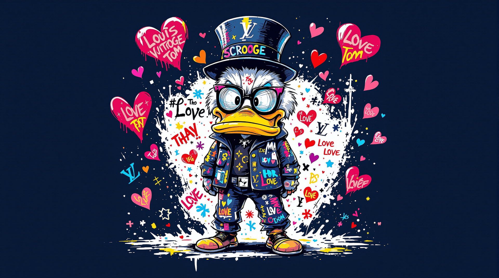 AI generated: A very stylish and colorful cartoon illustration of the character Scrooge Tom  in made of colorful g...