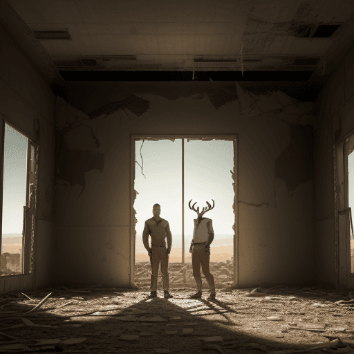 AI generated: Whitetail male deer  and  male sheep standing outside in the crumbling 1950s casino building, alone,...