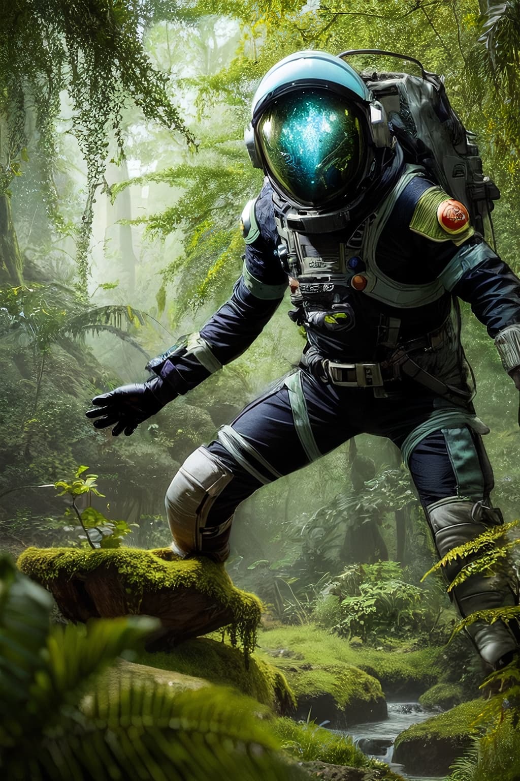AI generated: spacesuit, a spaceship overgrown with moss and trees, an alien planet, bright alien butterflies, a j...