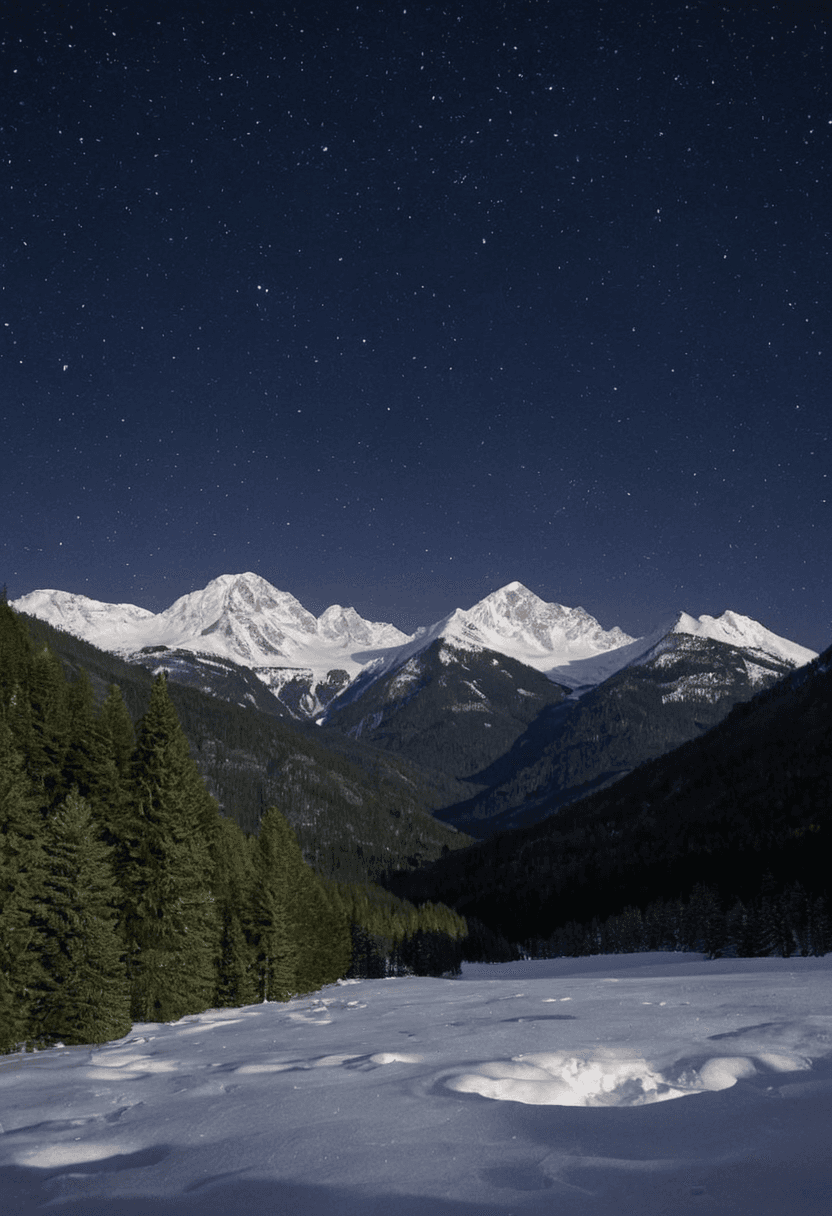 AI generated: A serene mountain valley, covered in a thick blanket of snow, with evergreen trees stretching up to ...