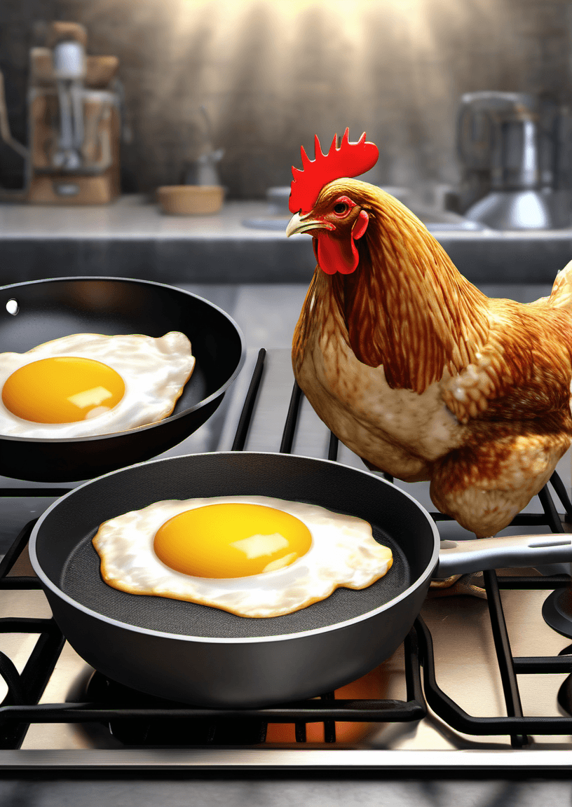 AI generated: A chicken stands in front of a frying pan in which a fried egg is being fried. Digital art. highly d...