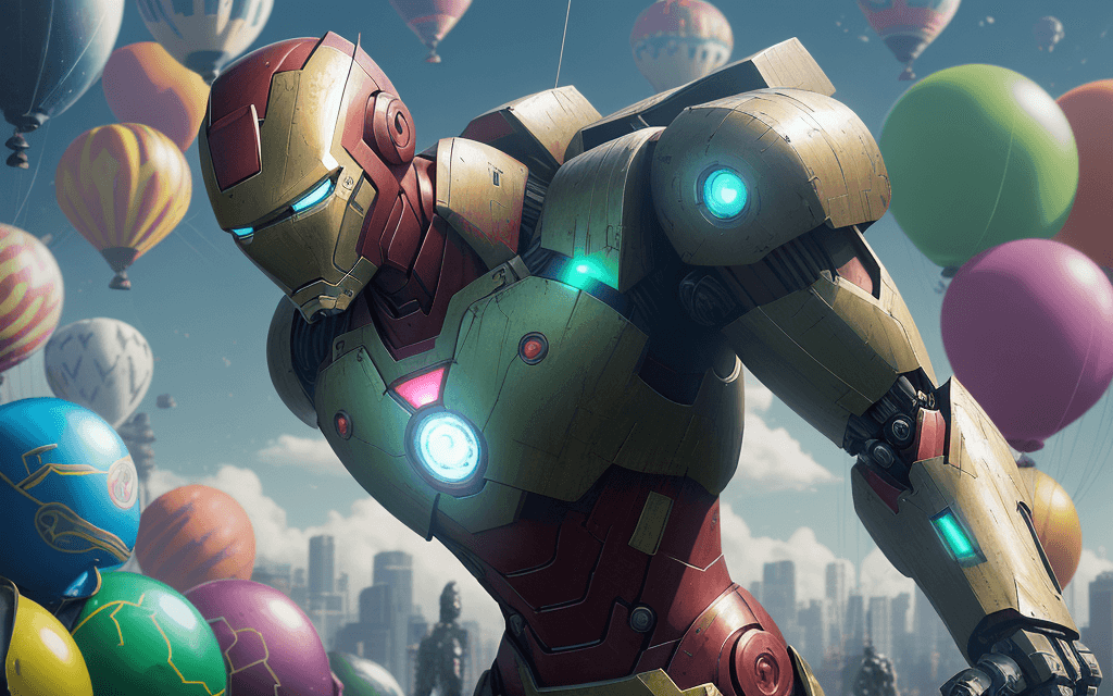 AI generated: a close up of a poster with great robot warrior , like IronMan body ,stands after the battle, lookin...