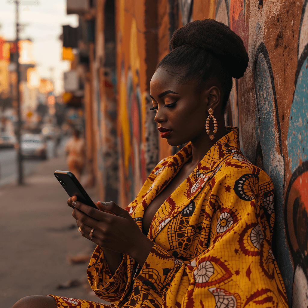 AI generated: A stylish Nigerian woman, draped in a vibrant, African-print suit, gazes intently at a sleek smartph...