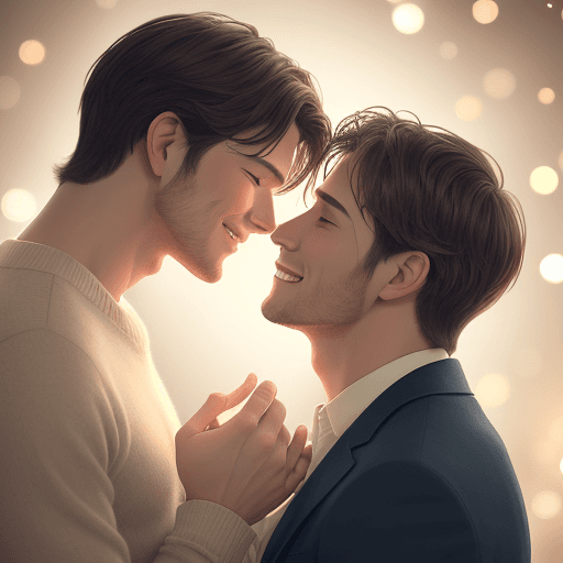 AI generated: (heartwarming scene of love), two handsome men gazing lovingly into each other's eyes, (smiling) ten...