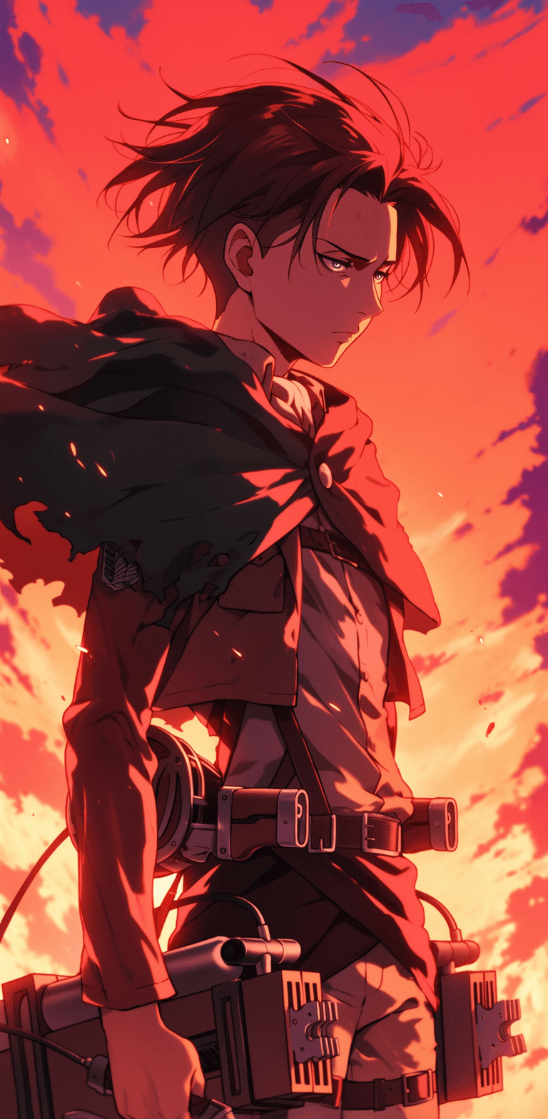 AI generated: Levi Ackerman, Attack on Titan, action sequence, brown hair, against a foggy background and a sunset...
