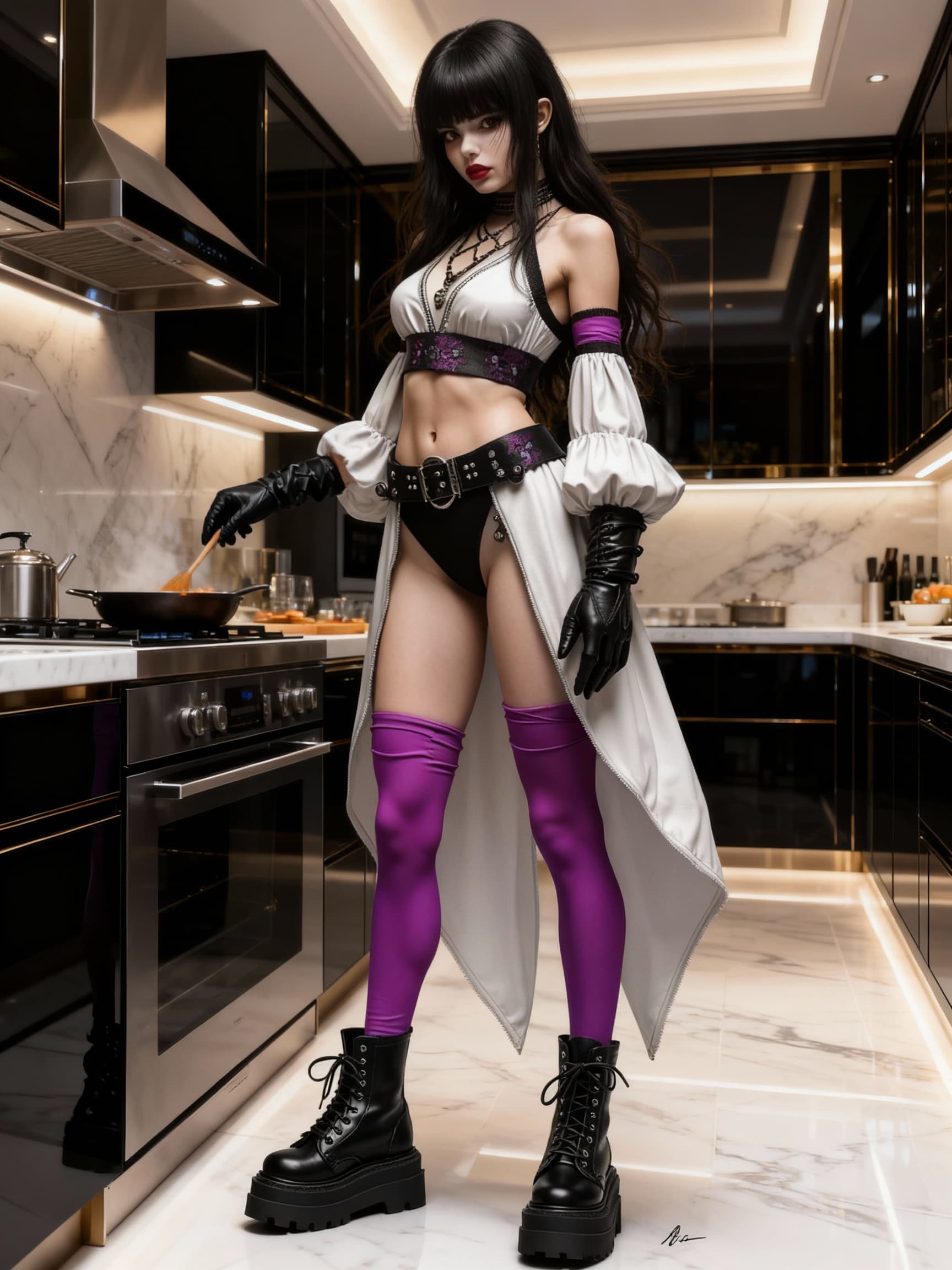 AI generated: Half anine dark fantasy female character,young,slim,cooking,modern kitchen