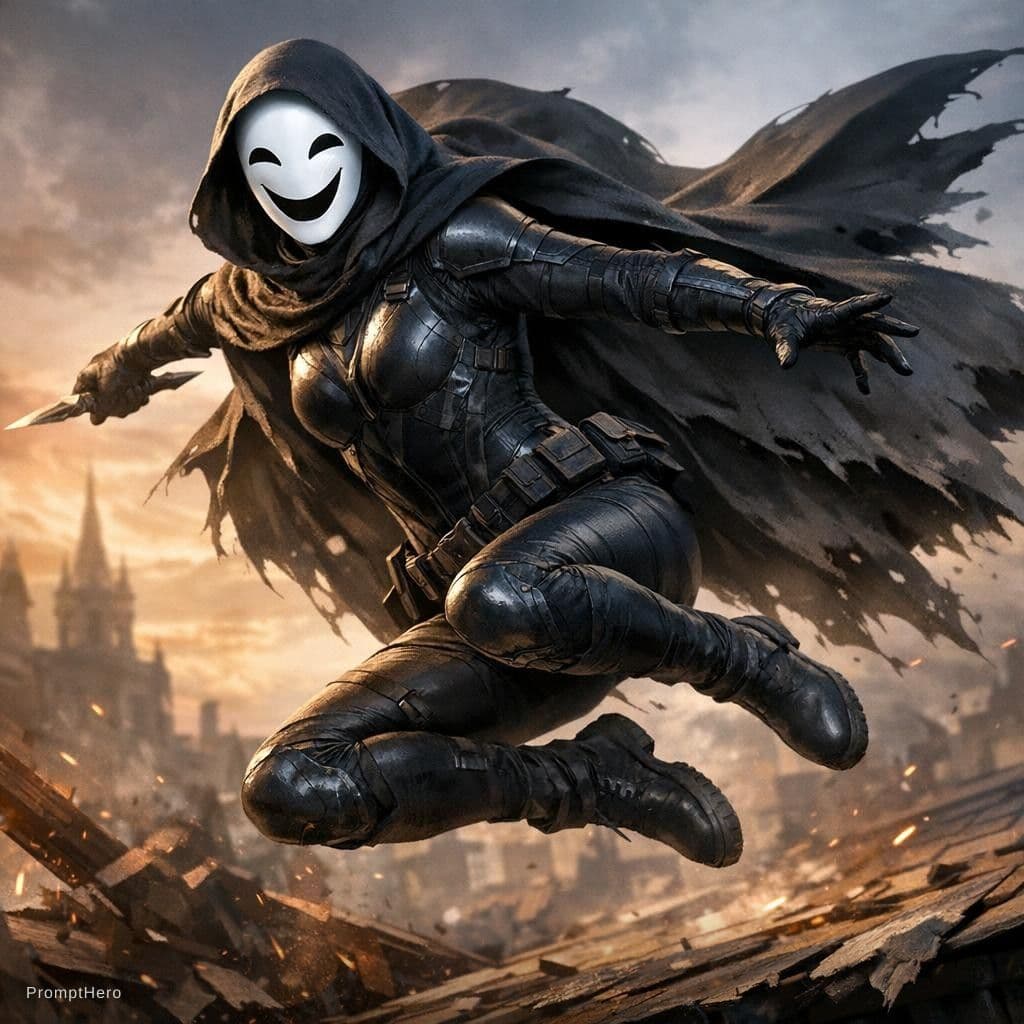 AI generated: dynamic pose, cloak, body suit, happy mask