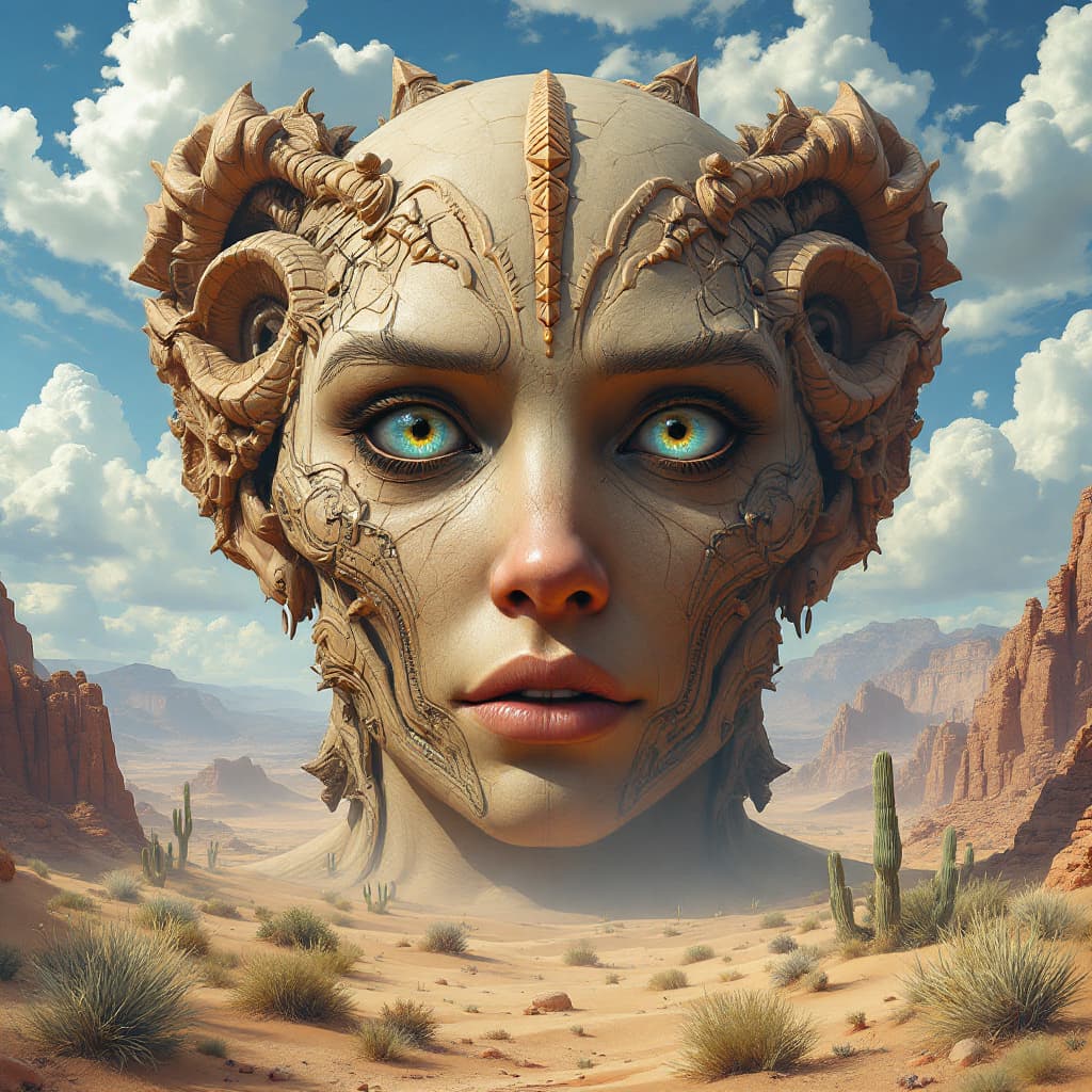 AI generated: large humanoid face with detailed and complex facial in the desert, a fantasy landscape in the style...