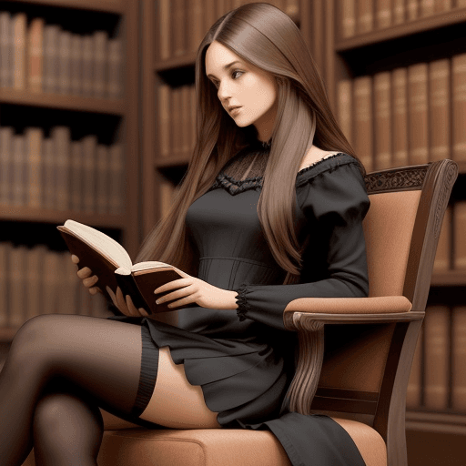 AI generated: an attractive brown-haired woman with long hair sitting in a library reading a book. She is wearing ...