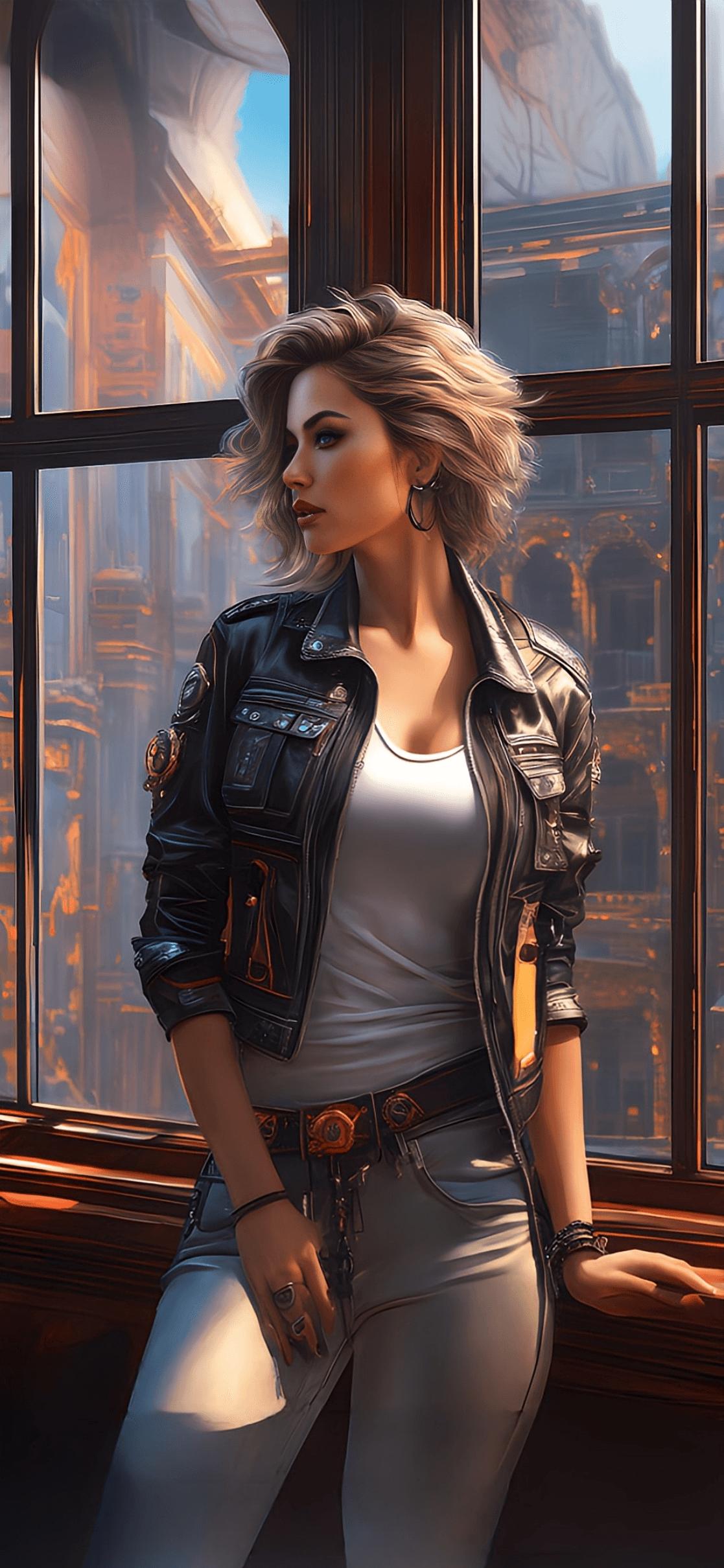 AI generated: Woman standing in front of a window with her hair blowing, full body  modern, highly detailed, perfe...
