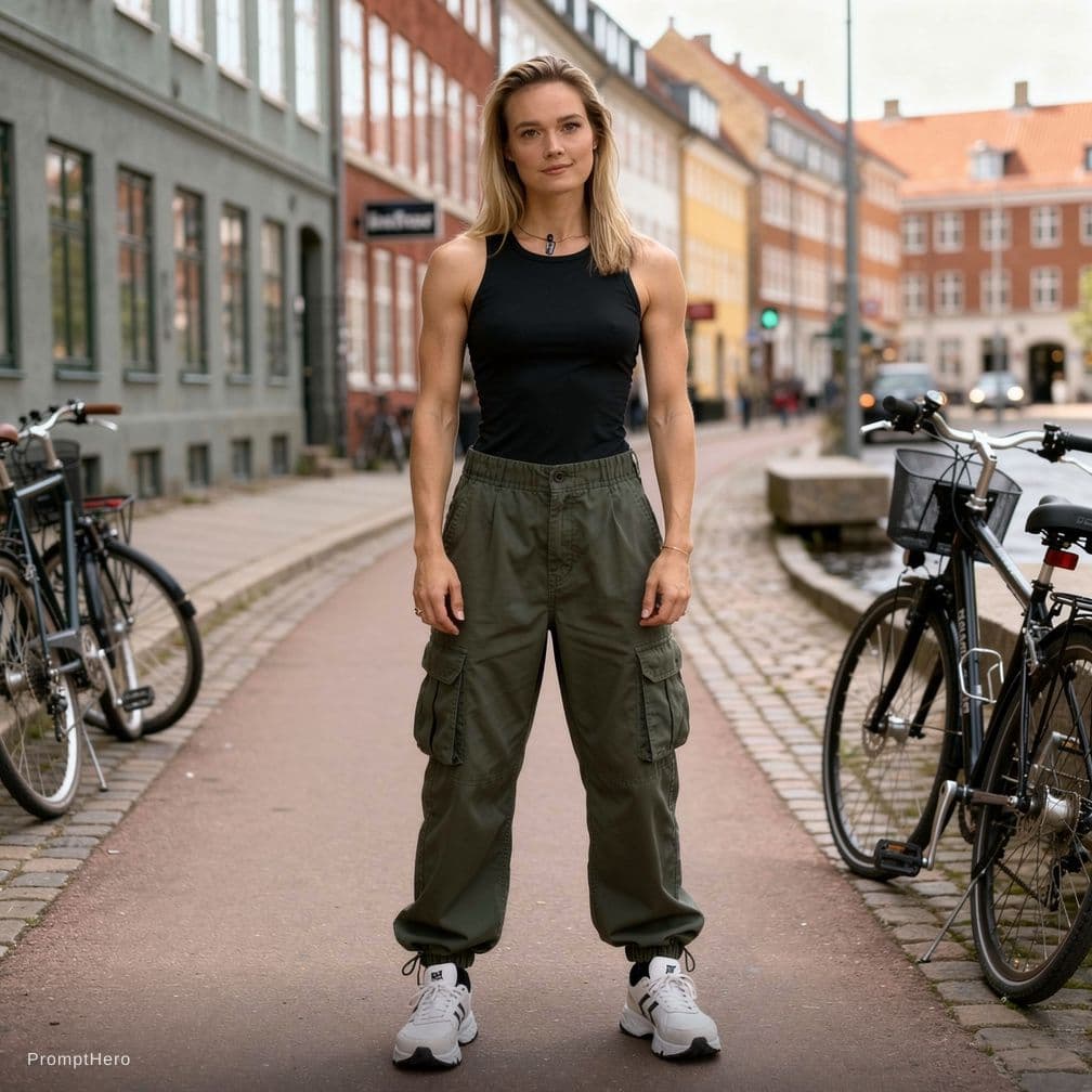 AI generated: Fashion photo of a Androgynous female model with athletic build wearing cropped tank top and loose u...