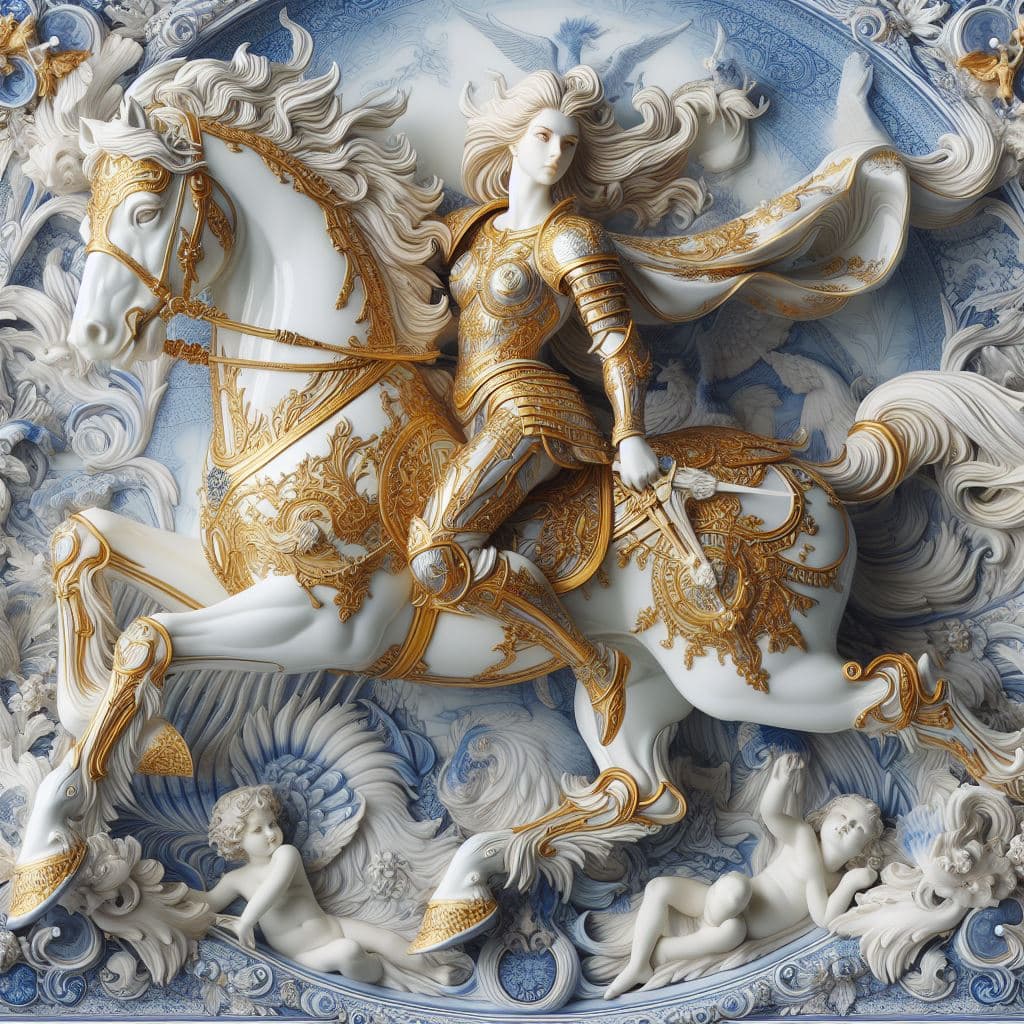 AI generated: a woman in golden armor riding a horse made out of porcelain, in the style of balanced symmetry, whi...